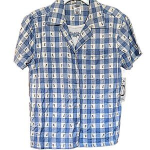 Women's L Short-sleeve Blue Button-up Gingham w/Attached Floral Embroidered Tank